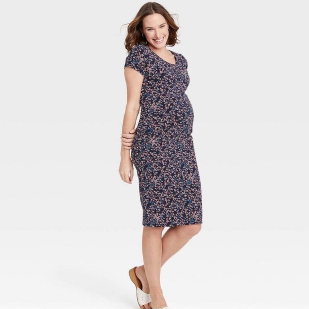 Isabel Maternity by Ingrid & Isabel Blue and pink/tan Ruched Bodycon Dress